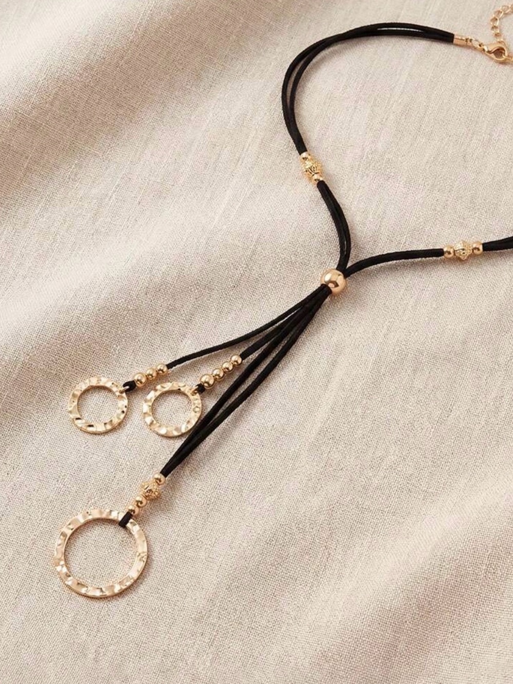 Elegant Gold Drop Circle Necklace - Black Cord - Picture 2 of 4